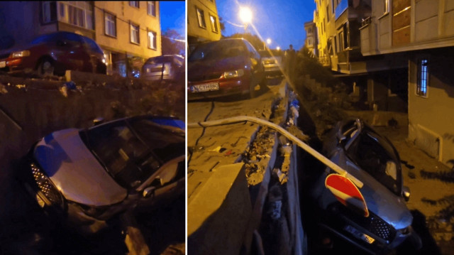 Sancaktepe’de yokuşta kayan cip apartman boşluğuna düştü